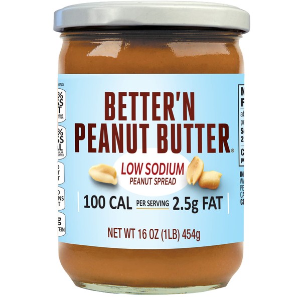 Low Fat and Low-Sodium Peanut Butter Spread by Better’n Peanut Butter, Creamy Low-Calorie Peanut Spread with No Saturated Fat, Gluten Free, Dairy Free, Non GMO, Kosher, Pack of 3, 16 oz. Glass Jars
