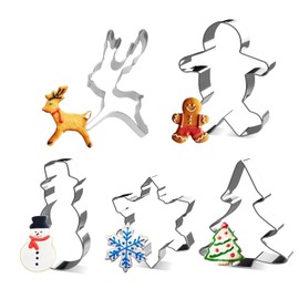 ieron 5Pcs Christmas Cookie Cutter Set, Stainless Steel Holiday Cookie Molds Reindeer, Snowflake, Gingerbread Boy, Snowman, Xmas Tree Cookie Cutter for Kids