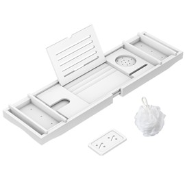 Zhuoyue Bamboo Bathtub Tray, Expandable Premium Bath Tray for Luxury Bathroom, Adjustable Bath Accessories for Tub with Soap Towel Book Holder, Extendable 29.5-43.3" White