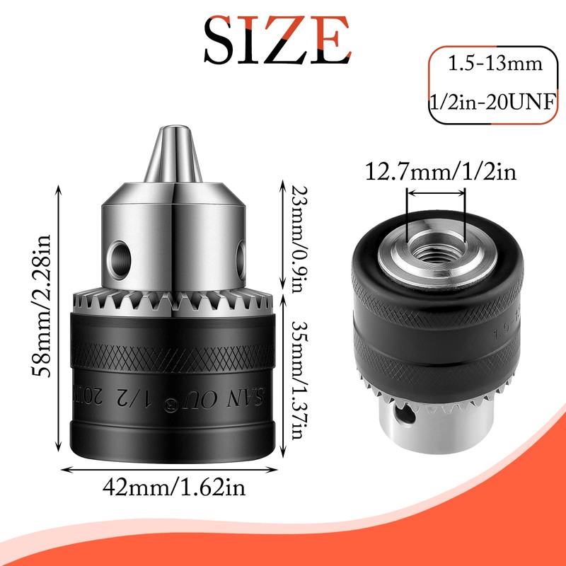 Lothee 6 Pcs 1/2-20unf Mount 1.5-13 mm Capacity Drill Chuck