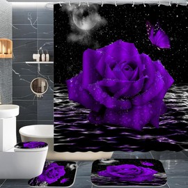 ALEXEX 4 PCS Purple Rose Shower Curtain Sets,Black Sky Bathroom Set with Shower Curtain and Rugs and Accessories,Lunar Ocean Raindrop Shower Curtain Bathroom Decor with 12 Hooks,72 X 72 Inches