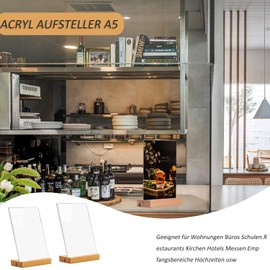 Acrylic Stand, A5, T-Shape Table Stand, 2 Pieces Menu Card Holder, Card Holder, Transparent, Dual Card Slot Poster Stand, Sign Holder with Wooden Base for Restaurant, Cafe, Shop