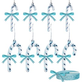 8 Pcs Candy Cane Christmas Decorations with 10 Yard Ribbon, Christmas Glitter Candy Cane Christmas Decorations Christmas Tree Hanging Ornaments for Xmas Tree Party Home Decorations (Ice Blue)