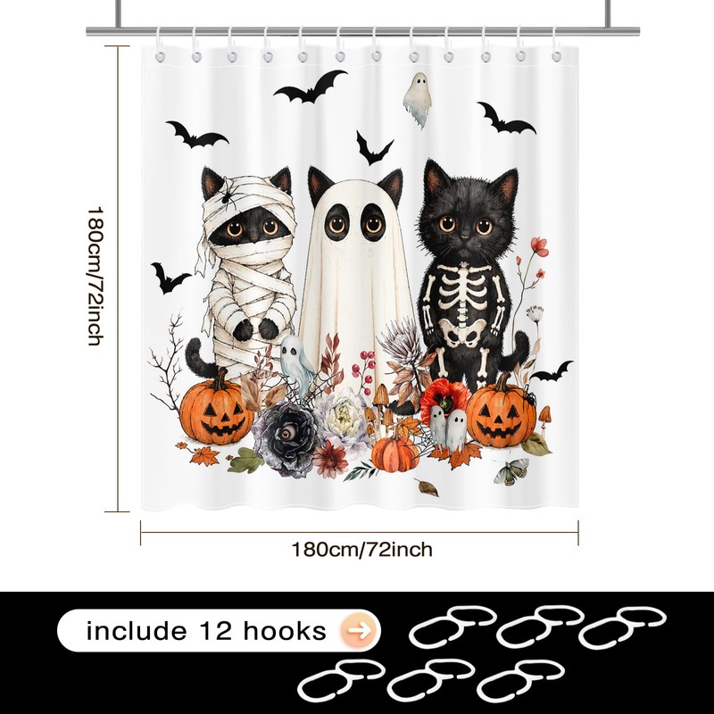 Lindameler Funny Halloween Shower Curtain Spooky Ghost Black Cat Shower