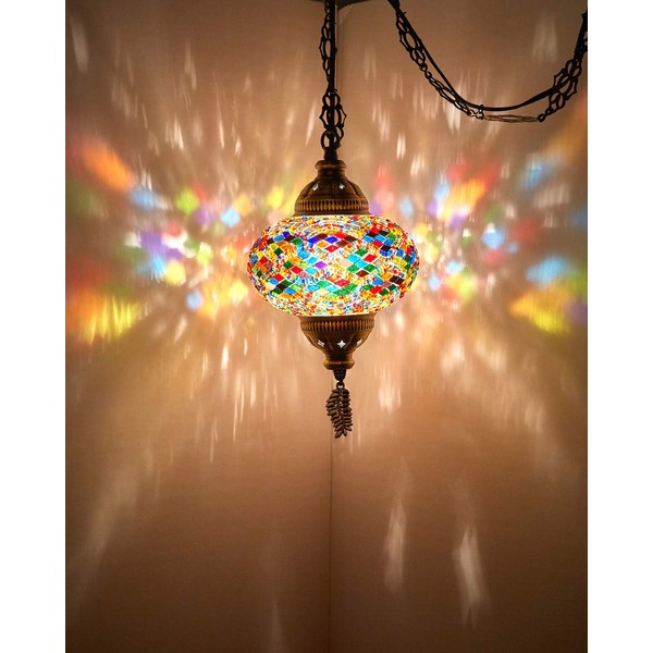 DEMMEX (8 Colors) Turkish Moroccan Mosaic Swag Plug in Pendant Ceiling Hanging Light with 15feet Cord Decorated Chain & North American Plug (Multicolor - 6" Diameter)