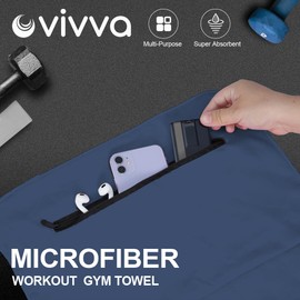 Vivva 2PC Set Microfibre Hooded Gym Towel with Zip Pocket, Quick Dry Super Absorbent Sweat Towel for Exercise Bench Training Workout, Lightweight for Fitness Sports, Beach, Travel, Camping (Navy)
