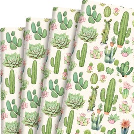12 hojas de papel de regalo de cactus de 28 x 20 pulgadas, acuarela, verde, cactus para cumpleaños, boda, baby shower, manualidades