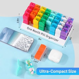 CAidRE Ultra-Compact Monthly Pill Organizer AM PM, 31 Day Pill Box 2 Times a Day for Small Pills, Portable Travel Vitamin Case with Detachable Daily C