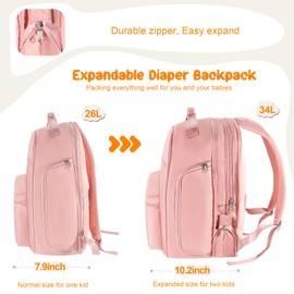 HOMIGLAM Diaper Bag Backpack with Changing Pad & Waist Pack, Large Diaper Bag Expandable for 2 Kids/Twins, Scientific Partition | Portable Side Access, Lightweight Travel Diaper Backpack for Mom Dad