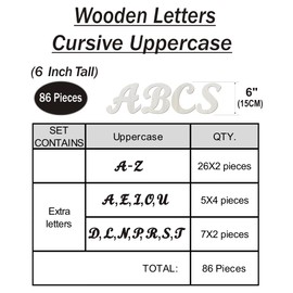6 Inch 86 Pieces Wooden Letters Unfinished Thin Wood Alpabets A-Z for Crafts,Cursive Uppercase