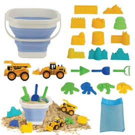 TOY Life 22 Pcs Dinosaur Beach Toys for Kids Ages 4-8 Collapsible Sand Toys with Construction Cars Silicone Bucket Shovels & Sand Castle Building Kit Molds, Sandbox Toy for Summer, Travel, Fishing