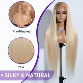 Joedir 34" Long Yaki Straight Lace Front Wig Ombre Blonde Synthetic Wigs Middle Part HD Transparent Glueless Wig Heat Resistant Fiber Pre Plucked Hairline with Baby Hair for Women