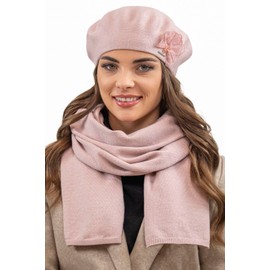 VIVISENCE Elegant Women's Beret Hat with Classic Cut Made of Warm Yarn with Wool Additive Decorated with Flower Appliqué Perfect Fit Great for Cold Days, pink