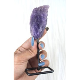Jet Raw Cluster Stone Metal Stand Healing Crystals Stone for Home Office Decoration Small 4.5-5 Inch Tall (Amethyst)