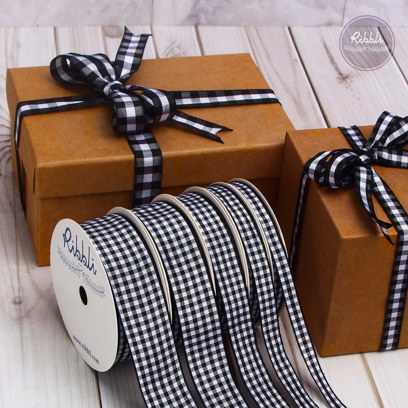 Ribbli Navy and White Gingham Ribbon,100% Polyester Woven Edge,3/8 Inch