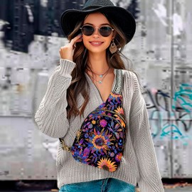 LYEMVHE Flower Leather Sling Bag Small Crossbody Backpack Travel Shoulder Pack Hiking Adjustable Chest Daypack for Women