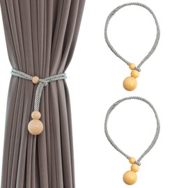 Contoeey Elegant Curtain Tiebacks Rope Drape Tie Back Holder Natural Curtain Ties Window Treatment Holdbacks Wooden Balls,Grey 2pack