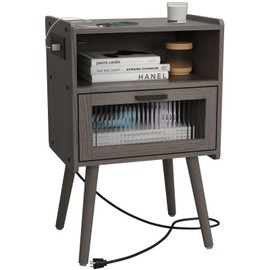 Mid Century Modern Nightstand with Charging Station, Bedside Tables with Glass Drawer, End Table Side Table with 2 Tiers Storage Space, for Bedroom, Living Room, Dark Grey