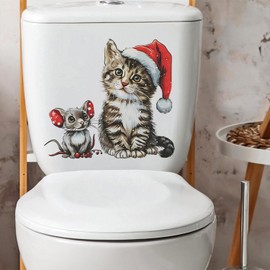 Christmas Wall Decals Winter Christmas Cute Cat Mouse Wall Stickers Removable Xmas Wall Decorations for Bathroom Toilet Lid Christmas Wall Clings for Kid Room Bedroom Living Room Party Decorations