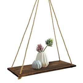 FuninCrea Wall Shelf, Wooden Shelf, 35 x 14 x 1 cm, Hanging Rustic Wooden Shelf for Hanging with Swing Rope, Multi-Purpose Wall Shelf, Display & Storage, Plant Shelf, Wall Shelf, Floating Shelf