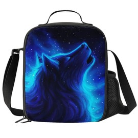 JIMOWANG Blue Wolf Insulated Lunch Bag with Shoulder Strap and Bottle Holder Portable Thermal Lunch Container Bag for School Travel Picnic