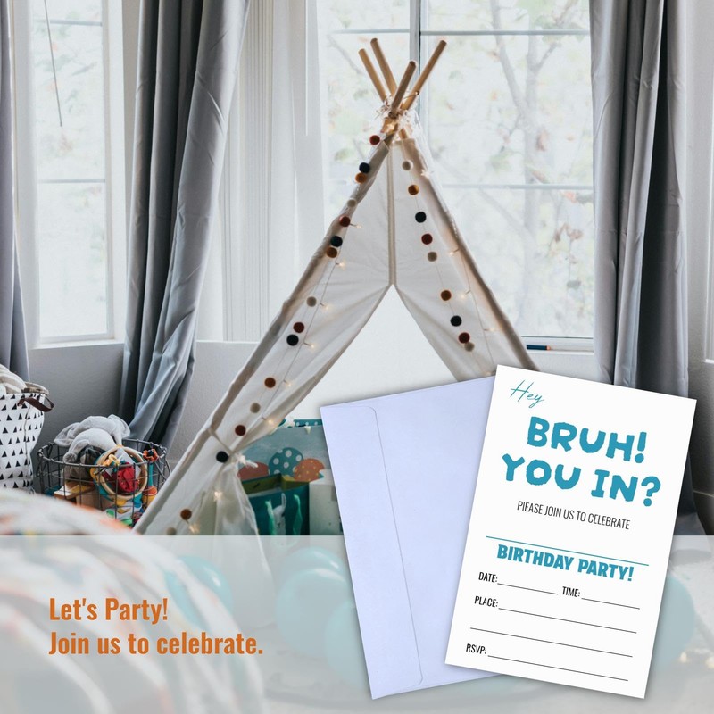 WENFLY Hey Bruh You In Birthday Party Invitations, Minimalist Blue-Style