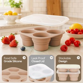 UR Happy Place Silicone Freezer Tray with Lid - Stackable 2 oz Large Ice Cube Molds for Homemade Purees, Egg Bites, Broth Food Storage - Dishwasher Safe - CARAMEL