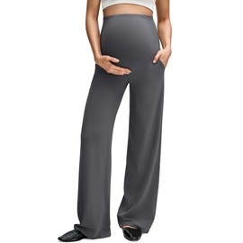 G4Free Maternity Dress Pants Work Pregnancy Clothes Yoga Pants with Pockets Over The Belly Sweatpants Wide Leg Pajama Pants(Dark Gray,L,28")