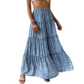 Verdusa - Faldas largas plisadas de cintura alta con estampado floral para mujer, Azul y blanco, M