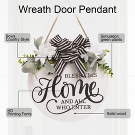 pechpell Welcome Sign for Front Door, 11.8 Inch Bless This Home and All Who Enter Sign with Wreaths, Round Wood Wall Hanging Decor for Home Front Porch Outdoor