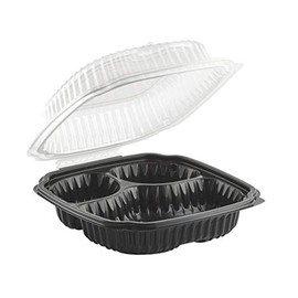 Anchor Packaging CL9931 Culinary Lites, 3-Compartment, 9"x9", Vented Hinged Container, Black Bottom, Clear Lid, 100/Case