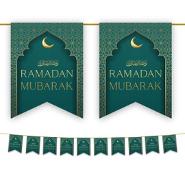 Ramadan Mubarak Bunting Decorations (Green & Gold Design) - Ramadhan Kareem Banner Flags Hanging Decor for Home Domes Lanterns Moon Star
