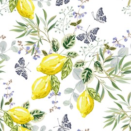 VEELIKE Watercolor Lemon Wallpaper Stick and Peel Vintage Butterflies Floral Wallpaper for Kitchen Bedroom 17.7''x354'' Self Adhesive Lemon Contact Paper for Cabinets Walls Removable Fruit Wallpaper