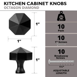 Ilyapa Diamond Shaped Cabinet Knob, Black 10 Pack 1 inch Contemporary Octagonal Kitchen Cabinet Knob Drawer Pull Handle Hardware