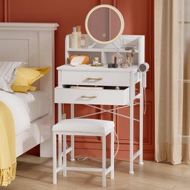 Fixwal Fixwal White Small Vanity Desk Set with Lighted Mirror and Chair, Makeup Dresser with 2 Fabric Drawers, Power Outlet, Compact Table with Cushioned Stool for Bedroom Small Space