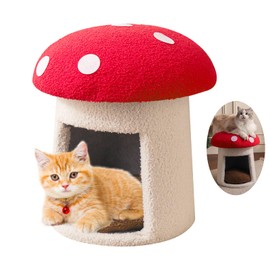 Mushroom Cat House Bed for Small Cats Kittens: Plush Semi-Enclosed Indoor Cat Bed with Scratching Mat, Comfortable Small Cat Bed, Pet Furniture, Top Supports 220 lb - Sit and Interact with Your Kitten