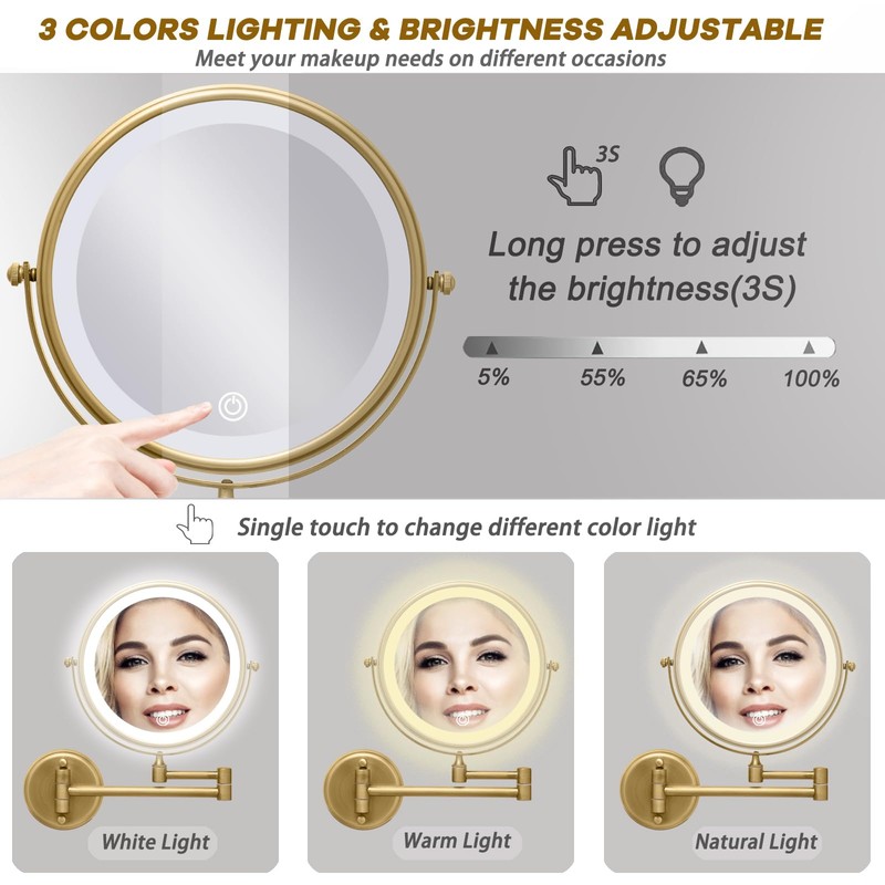 Wall Mounted Lighted Makeup Mirror, 10X Magnifying, Brushed Antique Brass
