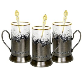 9-pc Russian Tea Set, 24 Karat Gold Banded Tempered Crystal Glasses with Metal Glass Holders with Handles and Matching Teaspoons Vintage Design (3 glass/spoon/holder)