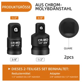 Impact Socket Adapter and Reducer, Impact Socket Adapter 3/8 to 1/2, Impact Socket Adapter 1/2 to 3/8, Impact Driver Conversions, Impact Adapter Set Made of Steel, Pack of 2