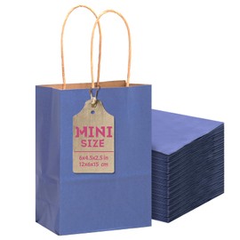 qiqee 24 Pcs Deep Blue Mini Paper Gift Bags with Handles 6"x4.5"x2.5" Small Brown Kraft Party Favor Treat Bags Multiple Uses (Mini size)