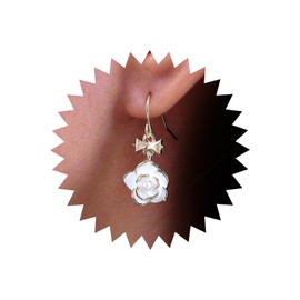 Atentuyi Wedding White Small Flower Dangle Earrings Gold Crystal Bow Drop Earrings Acrylic Floral Earrings CZ Hook Earrings Vintage Camellia Earrings Jewellery for Women and Girls, Crystal
