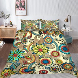 ANHOPE Bohemia Duvet Cover Set Soft Microfibre Polyester Quilt Cover 3 PCS Bedding Set with 2 Pillowcase Boho Ethnic Floral Print Pattern Comforter Cover with Zipper Closure Single (135 x 200 cm)