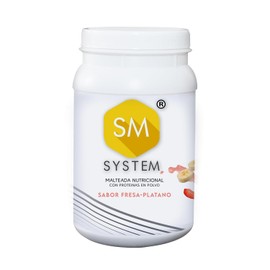 SM SYSTEM malteada de proteína en polvo sin azúcar | sabor Fresa-Platano | 800 g 20 porciones | mezcla suero de leche y soya con vitaminas y minerales | desayuno rápido o entre comidas | reemplazo de comidas ocasional