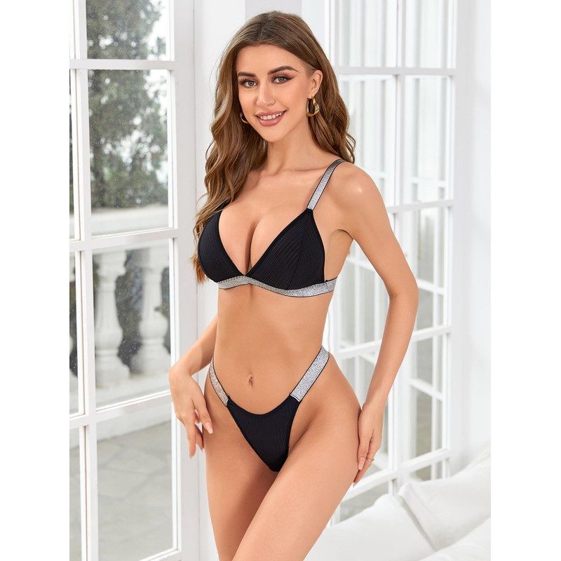 WDIRARA - Tanga triangular con purpurina en contraste para mujer,