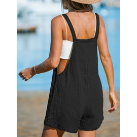 CUPSHE Women's Jumpsuit Cotton Pinafore Short Dungarees Scoop Neck Sleeveless Overall Casual Straight Leg Outfit Romper Playsuit Black L