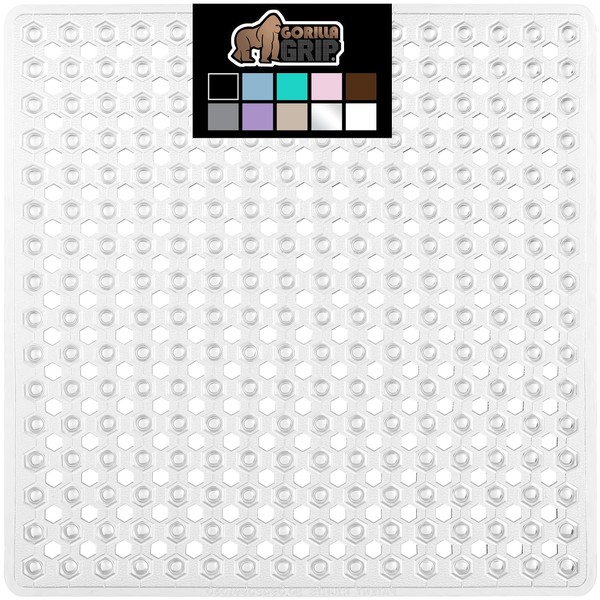 Gorilla Grip Patented Shower and Bathtub Mat, 21x21, Small Square Shower Stall Floor Mats with Suction Cups and Drainage Holes, Machine Washable and Soft on Feet, Bathroom Accessories, Clear