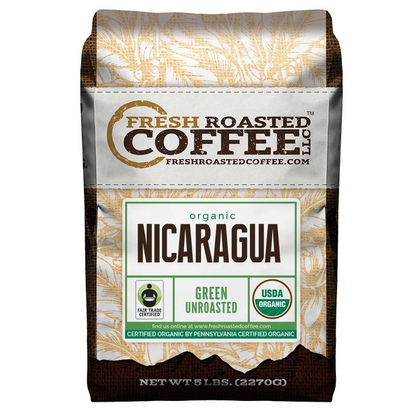 Fresh Roasted Coffee, Unroasted Organic Nicaragua, Fair Trade Kosher, 5 Pound