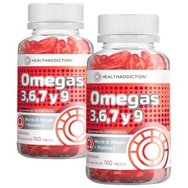 HEALTHADDICTION - 2 Pack Suplemento Omega 3, 6, 7 y 9 con Aceite de Pescado, Linaza, Oliva y Vitamina E 120-120 Cpsulas de 760mg cu                   