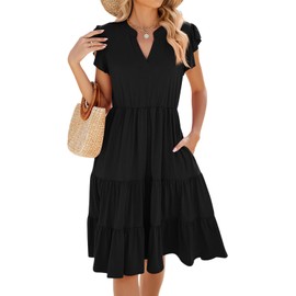 Womens Summer Dress Ruffle Sleeve V Neck Midi Dresses Casual Fit Flowy Tiered Boho Beach Vacation Sundress with Pockets Black Medium