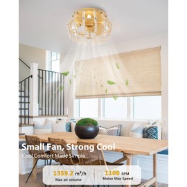 Vaczon 12.5'' Boho Ceiling Fan with Light and Remote, Caged Wood Beaded Fandelier Flush Mount Ceiling Fan for Living Room Bedroom Hallway Kitchen Nursery 3 Speeds Farmhouse White Ceiling Fans